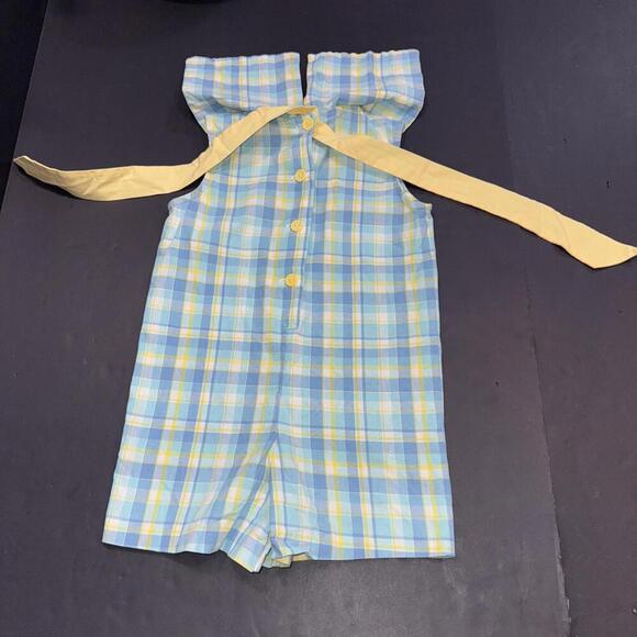 Vintage Rags Land Kids Blue Plaid Gingham Smocked Romper Jon Jon Shortalls 3 - Picture 14 of 14